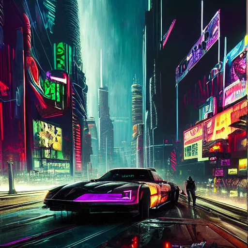 Image similar to cyberpunk 2 0 7 7 night city, highly detailed, oil painting, dark, dramatic,