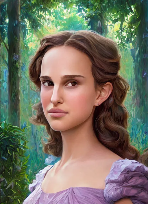 Prompt: well - lit art nouveau face portrait of a 1 3 - year old natalie portman playing in the garden, natural lighting, path traced, highly detailed, high quality, cartoon, digital painting, by don bluth and ross tran and studio ghibli