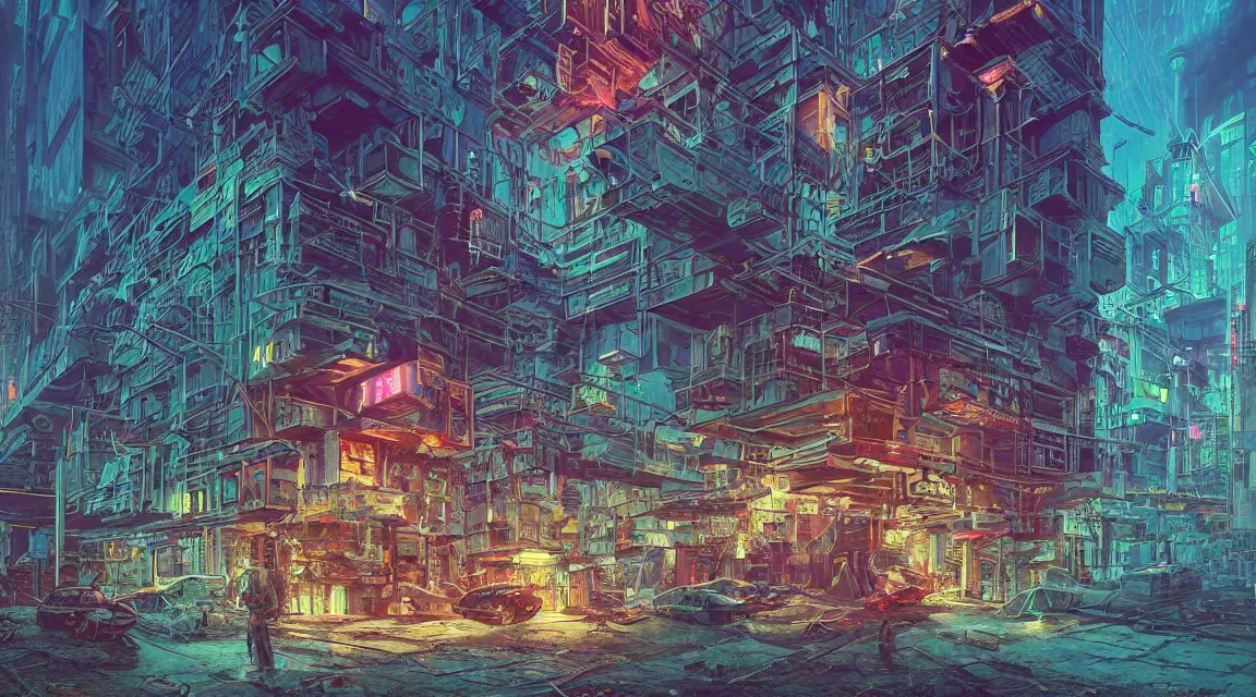 Prompt: post apocalyptic cyberpunk city block buildings, synthwave neon retro, by Vladimir Manyukhin, by Simon Stålenhag, by Zdzisław Beksiński, by Guido Borelli, by Nathan Walsh, by Peter Gric, Wild vegetation, mold, deviantart, trending on artstation, Photorealistic, Incredible Depth, vivid colors, polychromatic, glowing neon, geometric, concept art digital illustration panorama, polished, beautiful, HDR Unreal Engine 64 megapixels IMAX Terragen 4.0, 8k resolution concept art filmic complex utopian mysterious moody futuristic