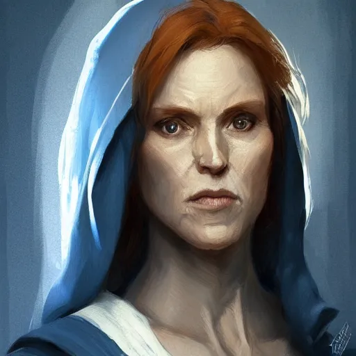 Prompt: portrait of a woman by Greg Rutkowski, old jedi Mara Jade from Star Wars Expanded Universe, she is about 60 years old, wearing blue and white robes, highly detailed portrait, digital painting, artstation, concept art, smooth, sharp foccus ilustration, Artstation HQ