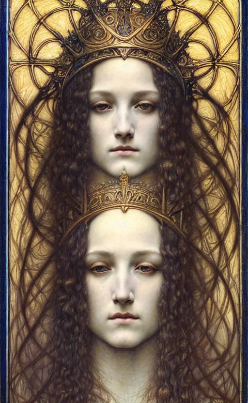 Image similar to detailed realistic beautiful young medieval queen face portrait by jean delville, gustave dore and marco mazzoni, art nouveau, symbolist, visionary, gothic, pre - raphaelite. horizontal symmetry