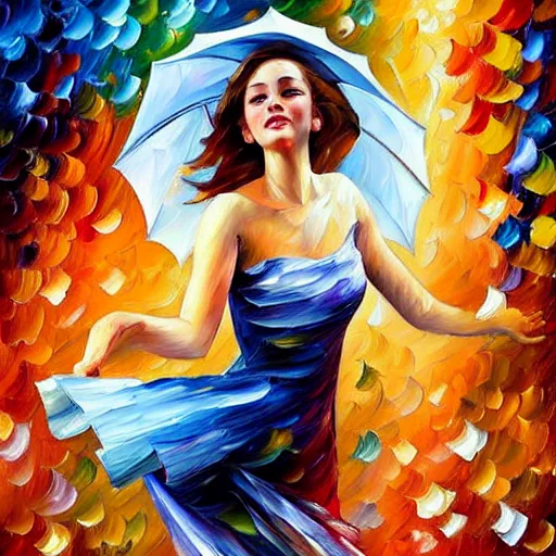 Image similar to highly detailed painting of a beautiful young woman, dancing in the rain, intricate, high quality oil painting artstyle, in the style of leonid afremov and anna dittmann, deviantart, figurative art, deviantart, ilya kuvshinov, lovecraftian, very detailed face, portrait