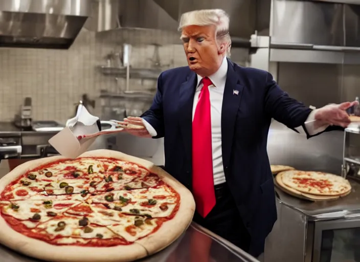 Image similar to film still of trump making a pizza in the new avengers movie, 4 k