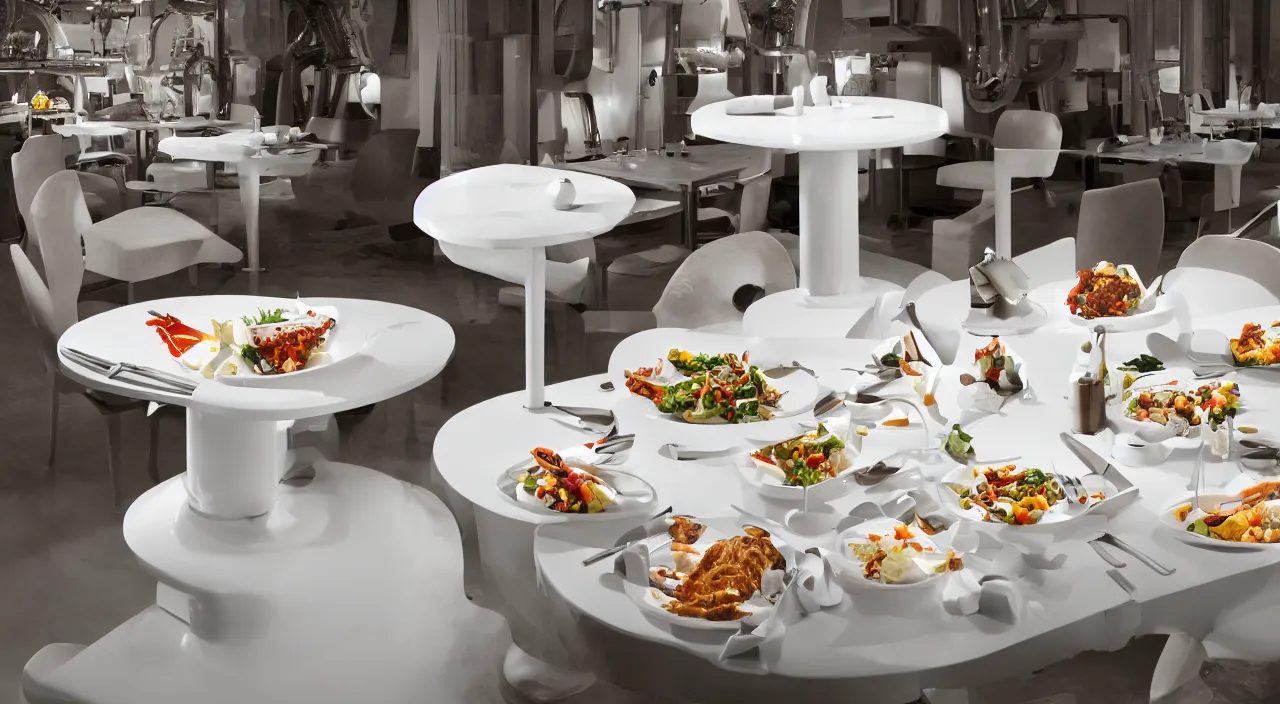 Image similar to three large white glossy kuka industrial robot arms on the floor around a dinner table, the kuka industrial robot arms are wearing bow ties, the table is full of food, they are having dinner inside a fine dining restaurant with mid century modern furniture and decor, global illumination, artstation, fantasy