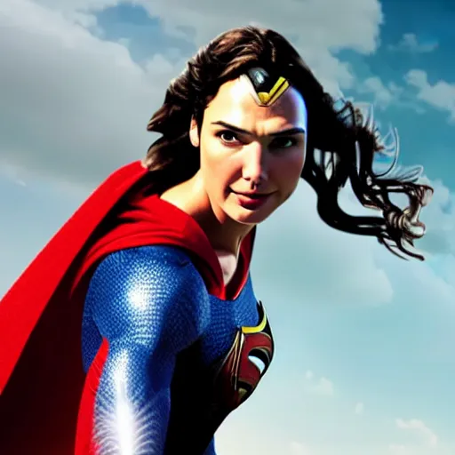 Image similar to an potrait of gal Gadot cast of movie man of steel and wearing a superman suit, photorealistic, 4k