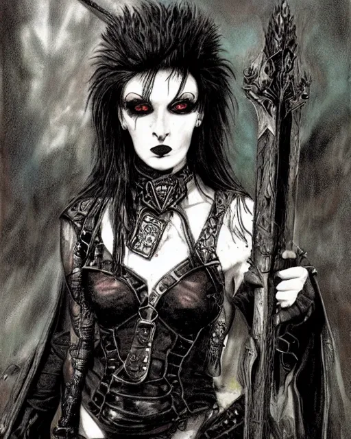 Image similar to portrait of a skinny punk goth sorceror wearing armor by frank fazetta, fantasy, barbarian, hardcore