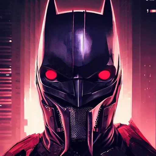 Image similar to cyberpunk batman with fullface mask, red bat logo, full shot, moody, futuristic, city background, brush strokes, oil painting, greg rutkowski