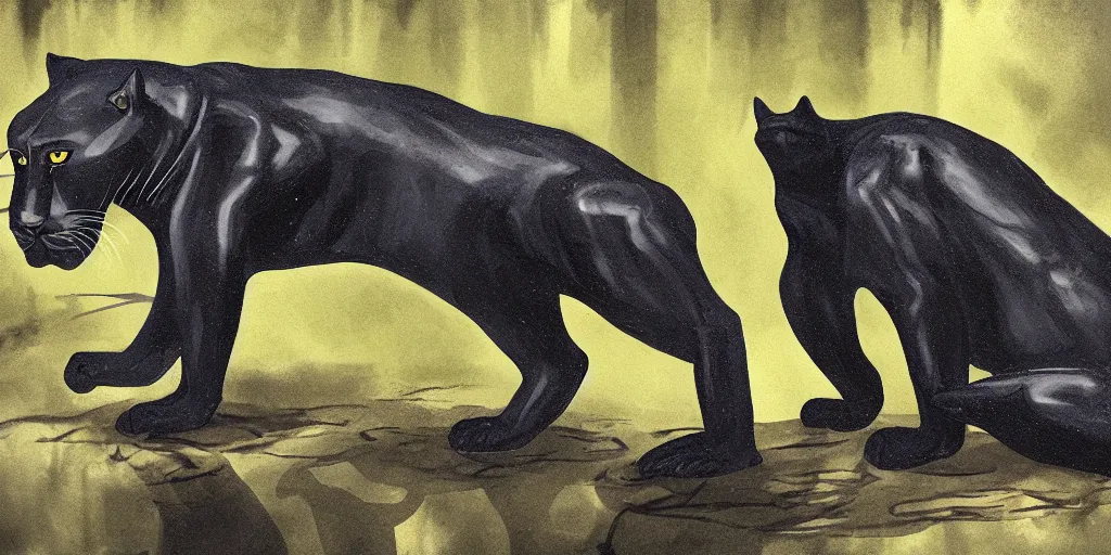 Image similar to a panther, made of tar, in a suburban backyard, dripping tar. concept art, reflections, black goo, animal drawing