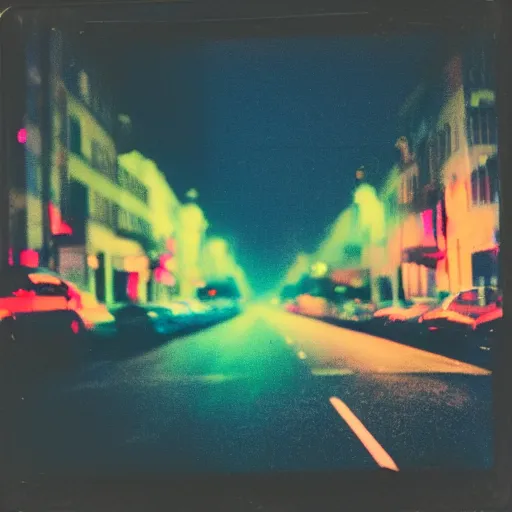 Image similar to colorful instant photograph of the middle of the street at night, polaroid, light leak, raw, nostalgic