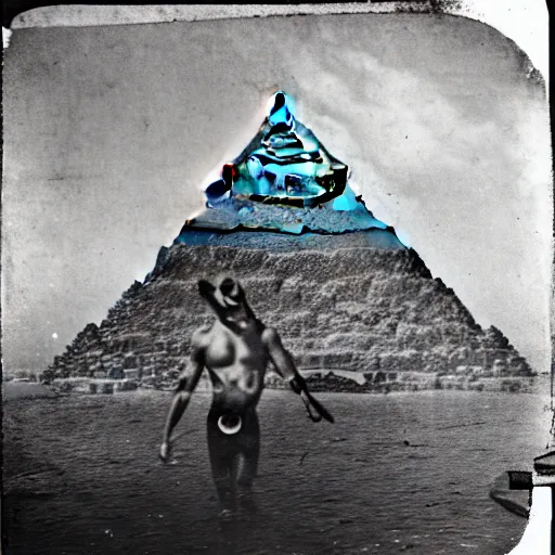 Prompt: tintype photo, underwater, Godzilla walking in front of the pyramids