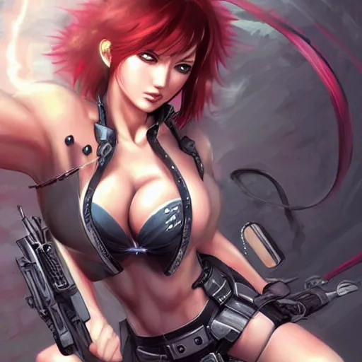 Image similar to concept art illustration of young japanese christina hendricks natalie portman as lara croft motoko kusanagi anime protagonist, wearing tokyo harajuke street fashion combat warrior fantasy bikini, intricate, elegant, art by artgerm and rosstran, masamune shirow