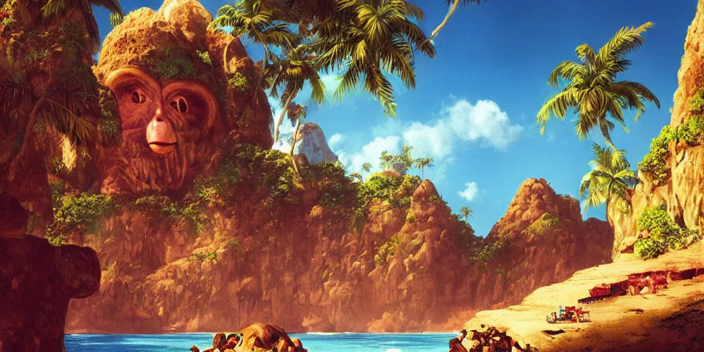 Image similar to ”mysterious caribbean island with a huge carved cliff that resembles a primitive monkey’s head with a mouth as an entrance to a cave inside, [palm trees, beach, wide angle, side view, cinematic, monkey island, art by wlop and paul lehr]”