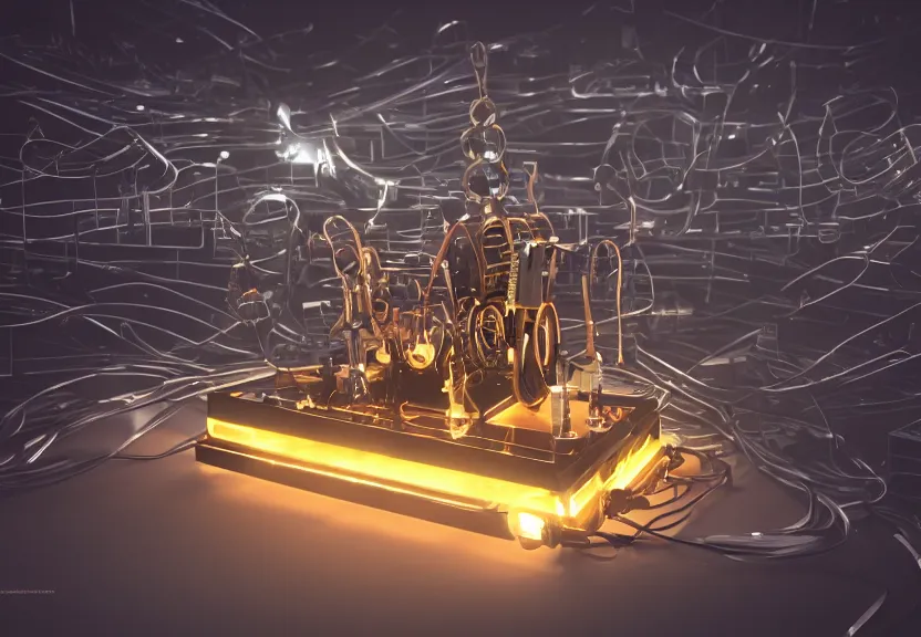 Prompt: A Glowing Power Generator made of Musical Instruments, Render, Concept art, power, mechanical, gears, piano keys