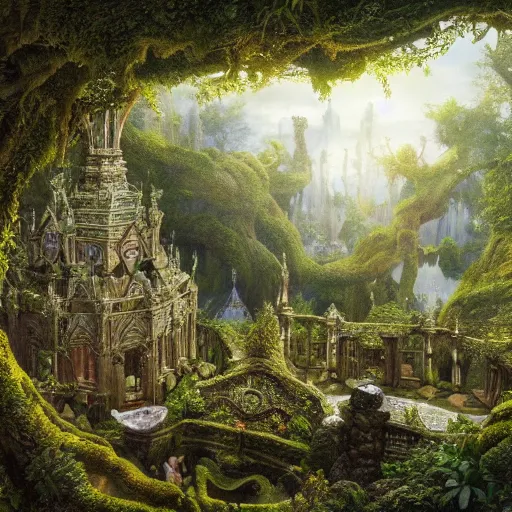 Prompt: a beautiful and highly detailed matte painting of an elven temple magical fantasy garden in a lush forest, intricate details, epic scale, insanely complex, 8 k, sharp focus, hyperrealism, by caspar friedrich and brian froud,
