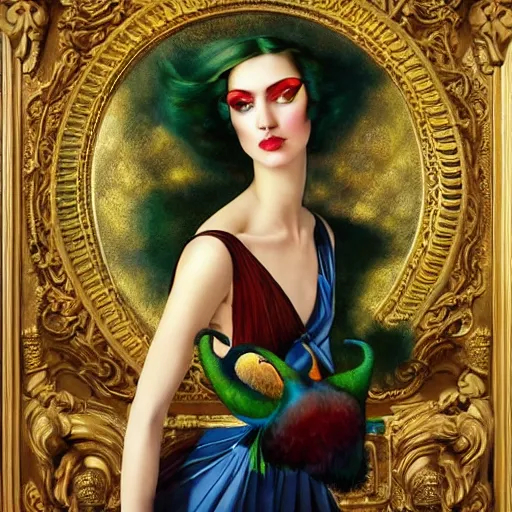 Prompt: dynamic composition, a painting of a woman with green eyes and hair made of peacock plummage, a surrealist painting with ornate carved-gilded-rococo background by Tom Bagshaw and Jacek Yerga and Tamara de Lempicka, featured on cgsociety, pop surrealism, surrealist, wiccan, pre-raphaelite, ornate gilded details