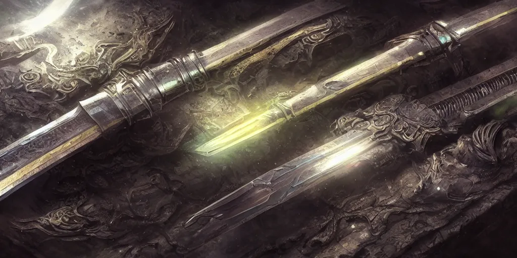 Image similar to legendary cybernetic full long sharp sword lying flat on a glowing table with a black and iridescent sword blade, digital award winning hd matte painting, intimate dark moody, intricate, ornate spikes, colorful gems on hilt, detailed realistic raytraced blade, future golden technological pommel, in the style of greg rutkowski and krenz cushart, deviantart