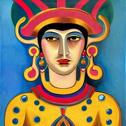 Prompt: a painting of a face with a crown on top of it, an art deco painting by david burliuk, behance, qajar art, art deco, cubism, grotesque