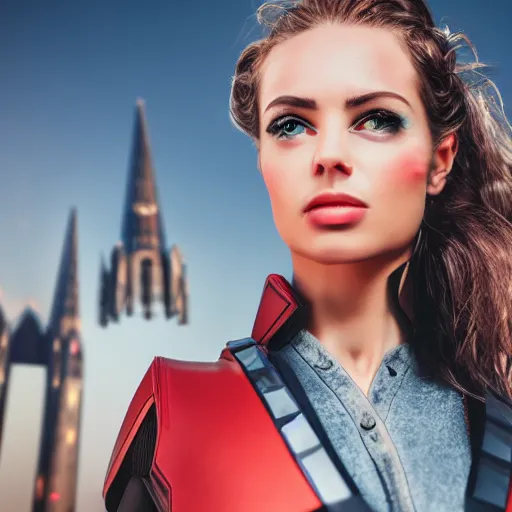 Prompt: portrait of a futuristic superhero, cologne Germany behind her, hd, 4k realistic, award winning photo