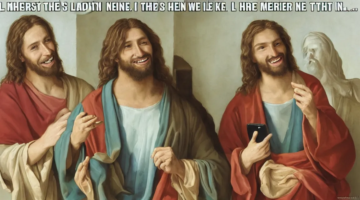 Image similar to portrait of one jesus laughin because see a meme in him cellphone, no letters