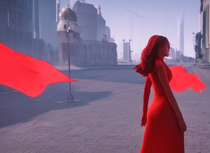 Image similar to glowing young woman carrying a red propaganda flag walking through beautiful futuristic city by Alexander Labas and Tatyana Yablonskaya and Viktor Tsvetkov, Unreal Engine 5, Lumen, Nanite, 85mm