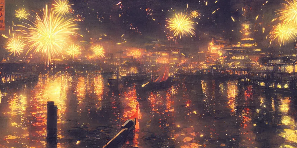 Image similar to anime kyoto animation key by greg rutkowski night, fireworks festival at river bank, kimono