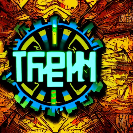 Image similar to sticker of a rock band, name is text tripmachine, on the sticker is a 3 d render of a huge futuristic steampunk generator with gears and music instruments, 8 k, fluorescent colors, halluzinogenic, multicolored, exaggerated detailed, silk screen art