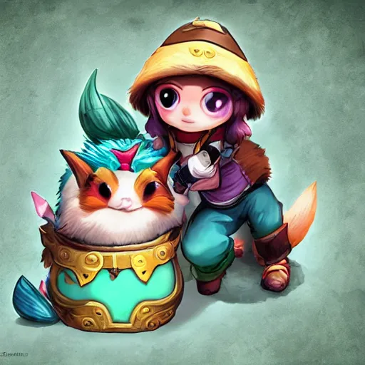 Image similar to league of legends teemo holds yuumi by her scruff, league of legends splash art