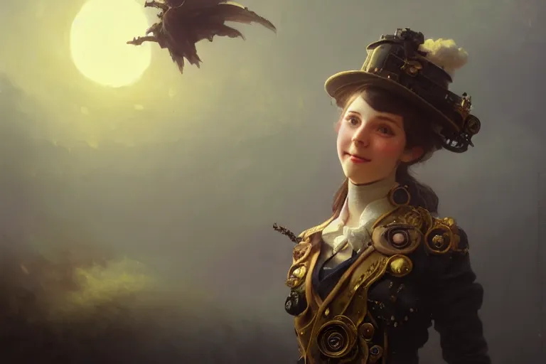 Prompt: Steampunk girl, portrait, evil, smile, grin, painting by Ivan Aivazovsky and Greg Rutkowski, artstation, fantasy, intricate, beautiful, cinematic, octane render, arnold render, 8k, hyper realism, detailed, sharp focus, 4k uhd, masterpiece, award winning