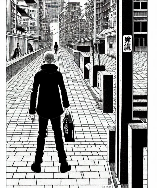 Image similar to A manga cover about a shaved-headed solo gopnik standing on the sidewalk. Sharp high quality manga cover, fine details, straight lines, architecture in the background, masterpiece, art, highly detailed drawing by Hirohiko Araki, Akatsuki Akira, Kentaro Miura