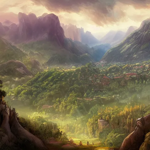 Prompt: panorama of a valley filled with a forest and a village, medieval, fantasy, oil painting, by rossdraws