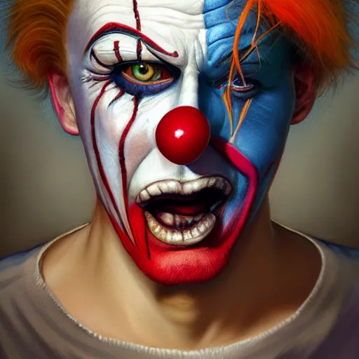 Image similar to perfectly - centered - portrait of a psycho clown, intricate, highly detailed, digital painting, artstation, concept art, smooth, sharp focus, illustration, unreal engine 5, 8 k, art by artgerm and greg rutkowski and alphonse mucha