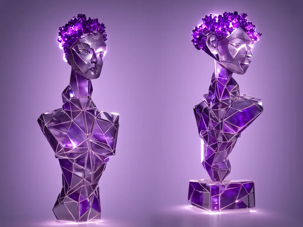 Image similar to beautiful mannequin sculpted out of amethyst by billelis + lit with purple 3 d geometric neon + chrome geometric cubed bonsai plants!!!!, doorway opening with neon pink geometric light, clean linework, dramatic, finely detailed, rule of thirds, moody, confident, award winning, 4 k, trending on artstation, photorealistic, volumetric lighting, octane render