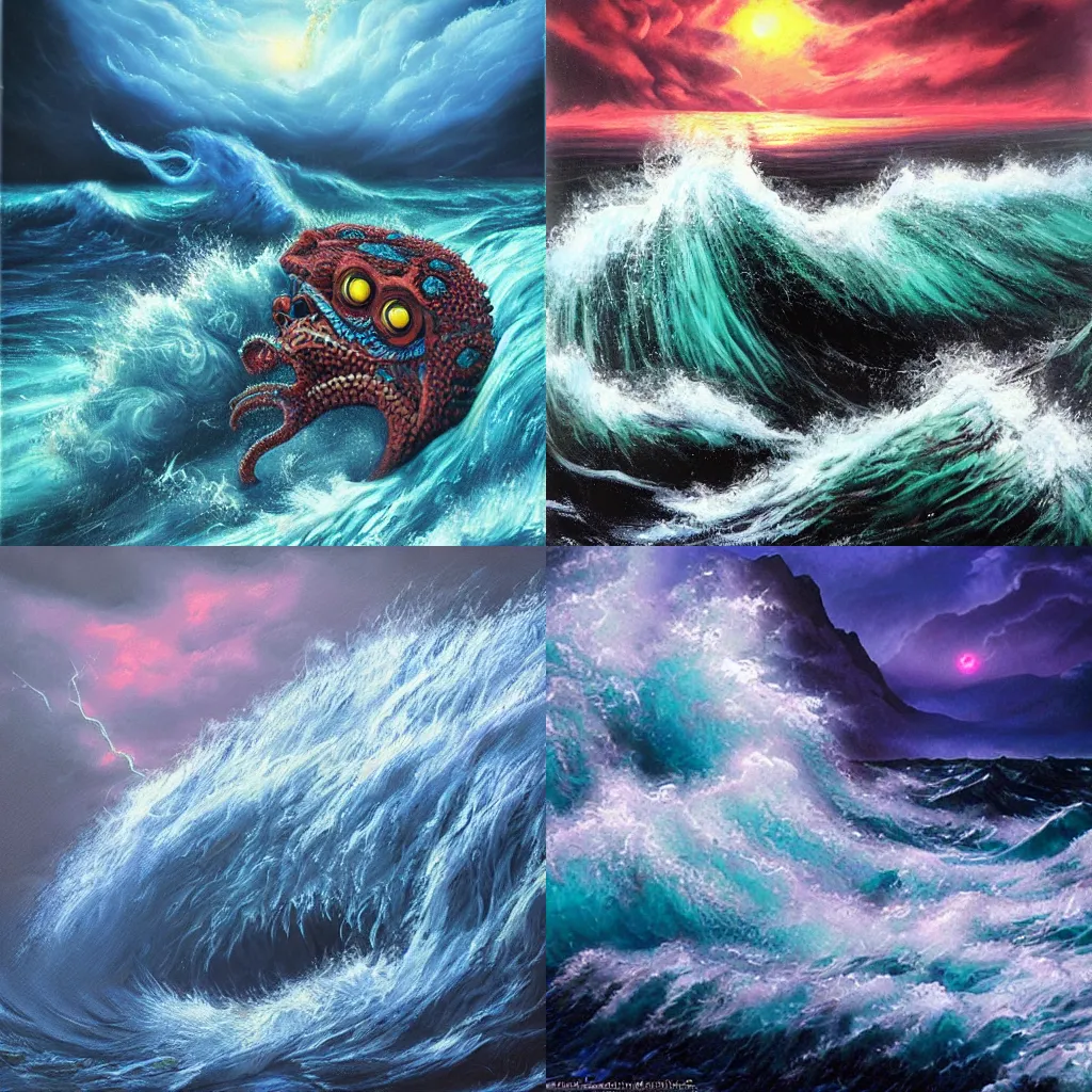 Prompt: kthulu emerging from a stormy ocean,vivid color,highly detailed,photorealism,H 1024,W 1024