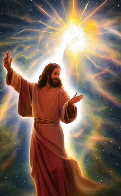 Prompt: Jesus casting a spell of cosmic love and appreciation. Digital art trending on artstation. 4k. Tyndall effect.