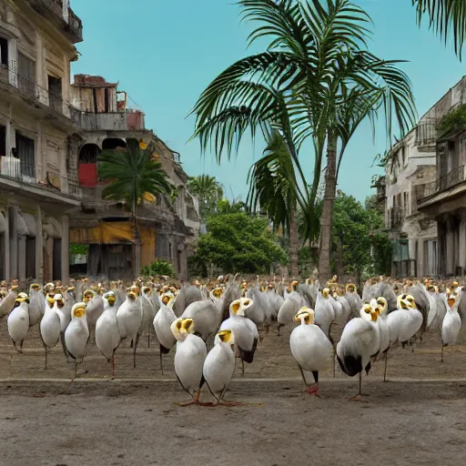 Prompt: spoonbills, toucans, and hornbills in old havana by cecilio aviles, wide angle realistic 3 d, hyperrealistic, super detailed, octane render, 8 k, depth of field, glossy surface, liquid texture, behance, cgsociety, cinematic lighting