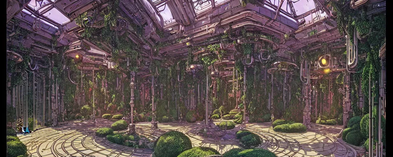 Image similar to a luxurious scifi futuristic victorian garden courtyard by killian eng, moebius, philippe druillet