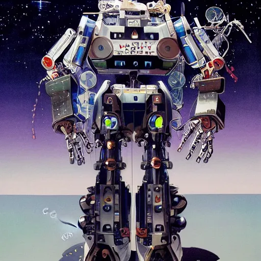 Prompt: portrait of the full - metal mecha nature - loving robot orion in electrical wired neon iridescent outfit, the robot holds the source code of the world, hanafuda cover illustration for vogue by yoji shinkawa, esao andrews and yoshitaka amano