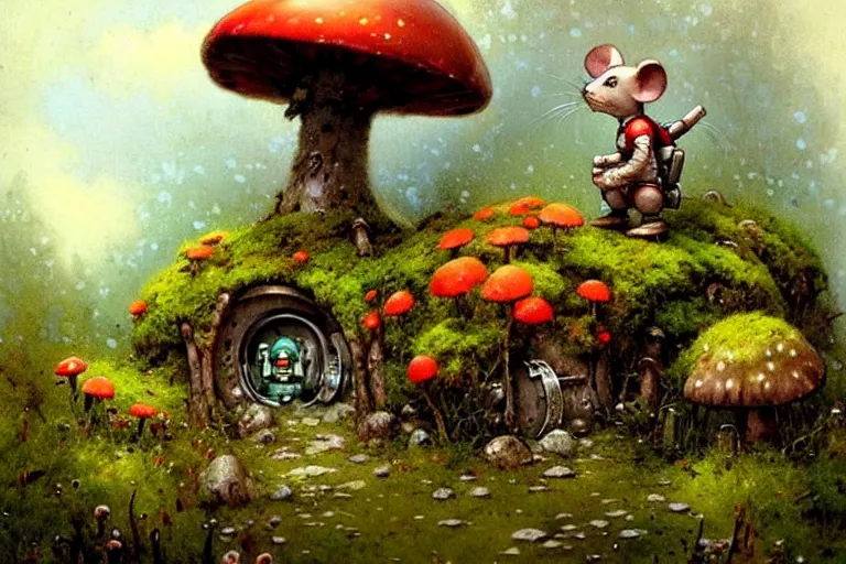 Prompt: adventurer ( ( ( ( ( 1 9 5 0 s retro future robot android mouse in forrest of giant mushrooms, moss and flowers stone bridge. muted colors. ) ) ) ) ) by jean baptiste monge!!!!!!!!!!!!!!!!!!!!!!!!! chrome red