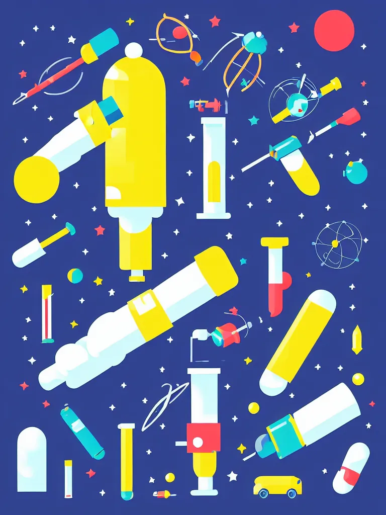 Image similar to editorial illustration scientific lab test tube telescope microscope spaceship, colorful modern, mads berg