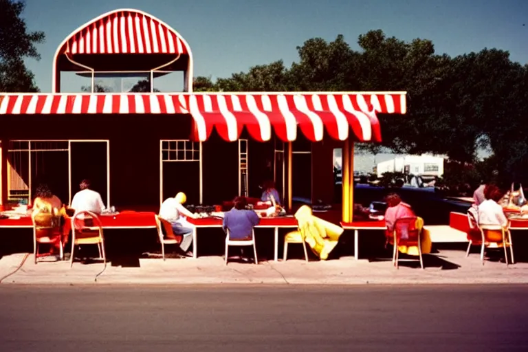 Image similar to 1 9 7 5 gumbo, people sitting at tables, googie architecture, two point perspective, americana, cooking photography, hd 4 k, taken by alex webb