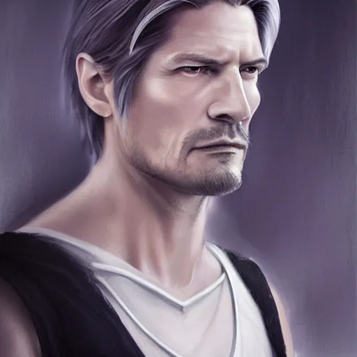 Image similar to a young Nikolaj Coster-Waldau with white hair, a white tunic and a black vest, fantasy art, digital painting, by Heise Jinyao, Heise-Lian Yan Fang, feimo, Richard Taddei, trending on ArtStation, concept art, cgsociety, octane render, trending on artstation, artstationHD, artstationHQ, unreal engine, 8k