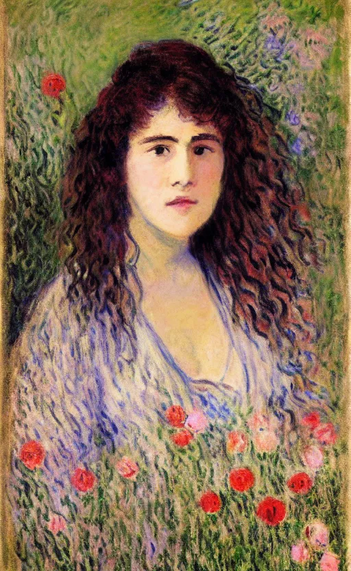 Prompt: portrait by claude monet! of a young woman, frizzy hair! short hair! flowers in the hair, 1 9 th century!