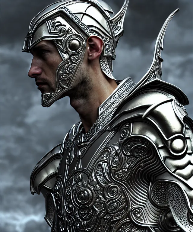 Image similar to hyperrealistic mixed media painting of a stoic male paladin, stunning 3d render inspired art by P. Craig Russell and Barry Windsor-Smith + perfect facial symmetry + dim volumetric lighting, ornate gothic silver platemail, dizzy, full body, 8k octane beautifully detailed render, post-processing, extremely hyperdetailed, intricate, epic composition, grim yet sparkling atmosphere, cinematic lighting + masterpiece, trending on artstation, very very detailed, masterpiece, stunning