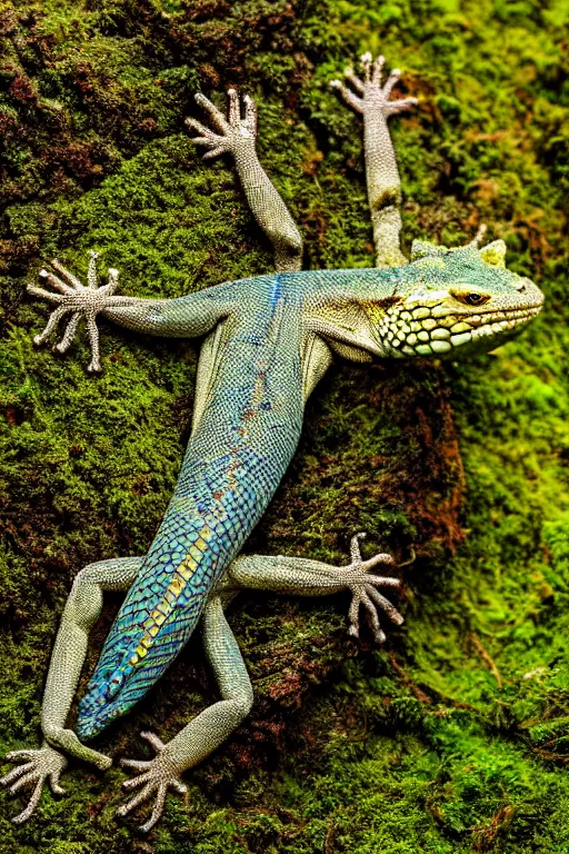 Image similar to a macro portrait photo of a lizard on a moss covered rock, shiny scales, moss and vegetation, ancient forest, close - up, intricate details, intricately detailed textures, warm lighting, vivid colors, smoke and mist, hyper realistic octane render, volumetric shading, depth of field, raytracing, 8 k,