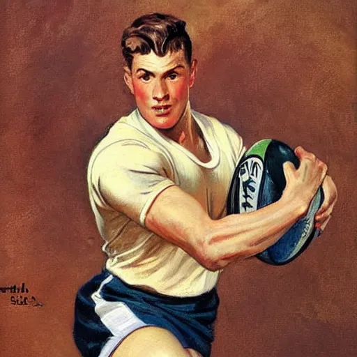 Image similar to handsome rugby player in a running pose, holding the rugby ball in his arm, full color painting by J.C. Leyendecker