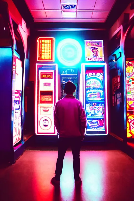 Image similar to agfa vista 4 0 0 photograph of a guy standing in front of an arcade machine, synth vibe, vaporwave colors, lens flare, moody lighting, moody vibe, telephoto, 9 0 s vibe, blurry background, grain, tranquil, calm, faded!,