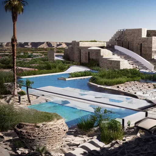 Prompt: architectural rendering of habitat 6 7 in the desert, biophilia mood, pool, garden, highly detailed, cinematic,