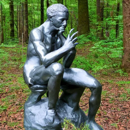 Image similar to The thinker sculpture in the style of William Bartram with mushrooms at the base, slightly buried in the forest