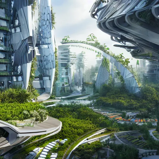 Image similar to a futuristic eco city utopia, plants, buildings, vegetation, ambient, nature, landscape, nature, technology, trending on artstation, deviantart, octane render, unreal engine, high detail, high definiton, ultra realistic, hyper realistic, 4 k, hd