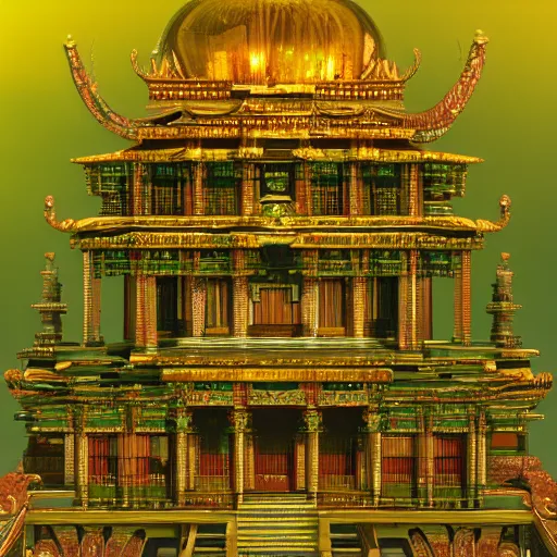 Image similar to strange temple, extreme long shot, the building is covert with glyphs and on the top of the temple big gold design intricated, hyper detailed, trending on artstation, green tones, glow